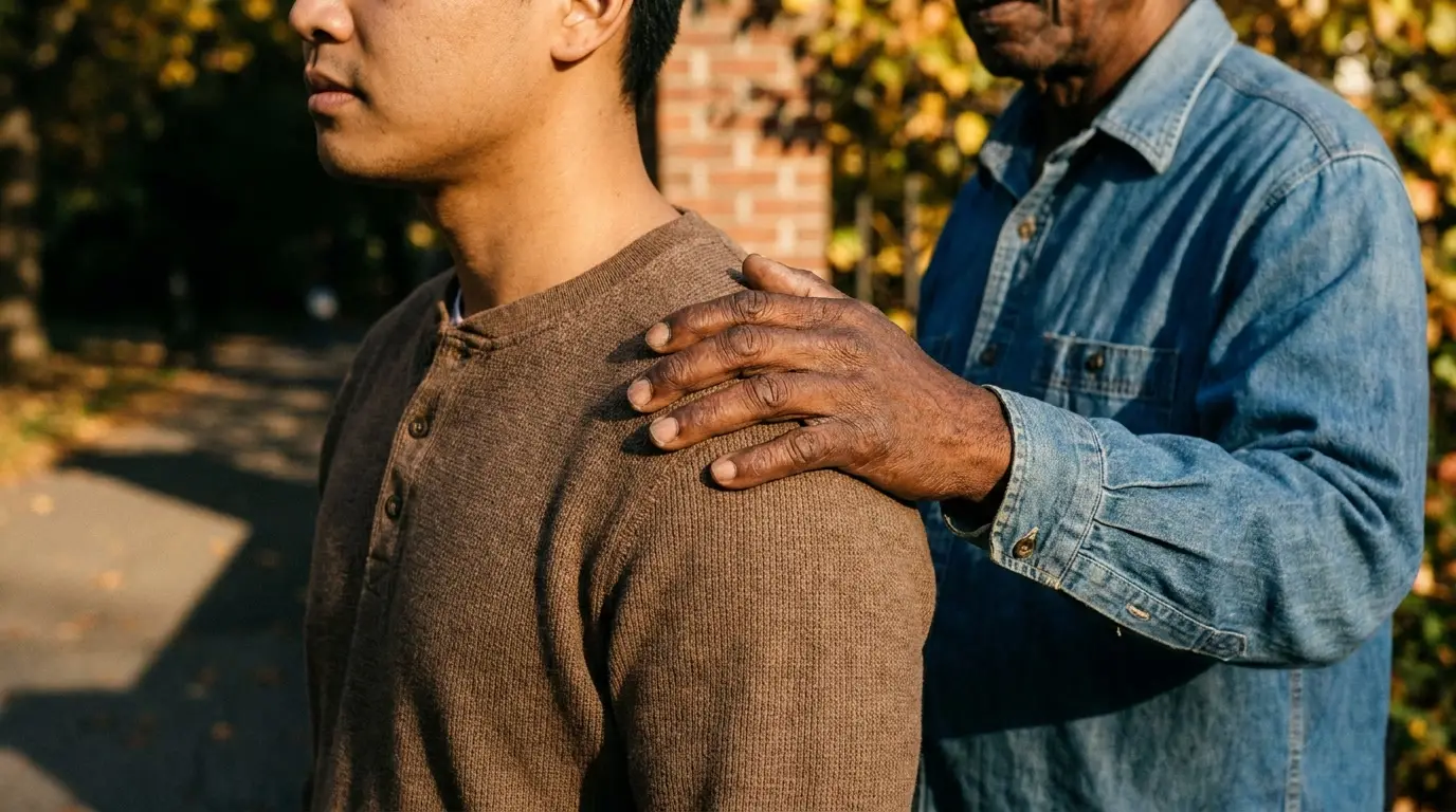 A reassuring hand resting on a man's shoulder, suggesting quiet support